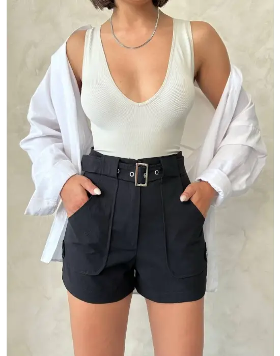 Kemer detaylı gabardin şort siyah s25289
