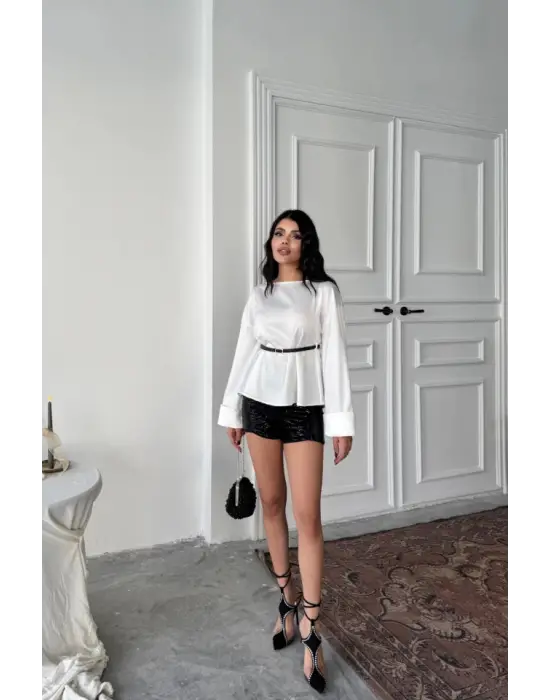 Omarı Detaylı Saten Bluz - Beyaz