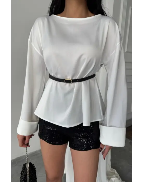 Omarı Detaylı Saten Bluz - Beyaz