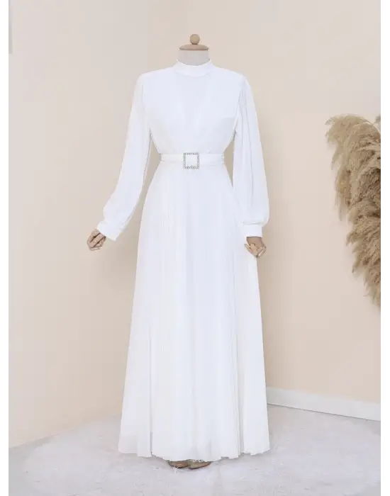 Omarı Modern Pileli Beyaz Tesettür Elbise