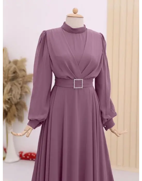 Omarı Taşlı Pileli Tesettür Elbise