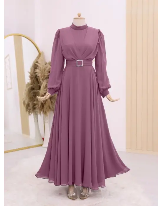 Omarı Taşlı Pileli Tesettür Elbise