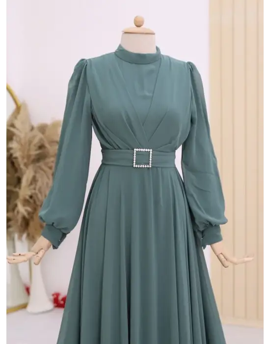 Omarı Şık Pileli Tesettür Elbise - Mint Renkli