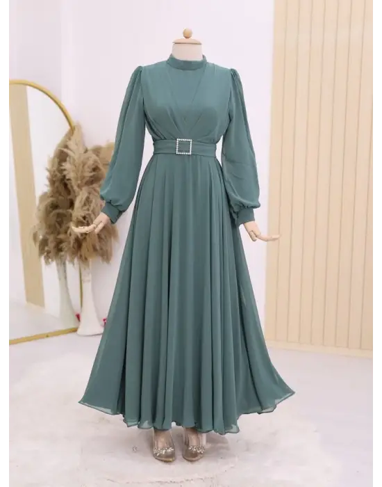 Omarı Şık Pileli Tesettür Elbise - Mint Renkli