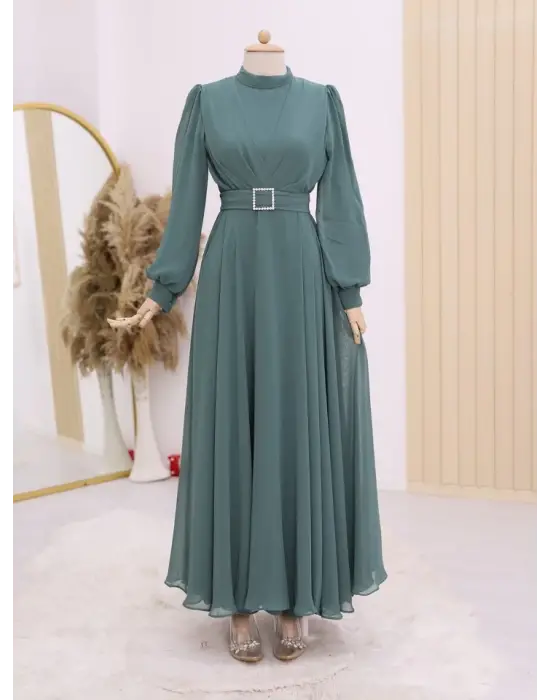 Omarı Şık Pileli Tesettür Elbise - Mint Renkli