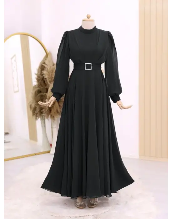 Omarı Elegan Taş Detaylı Pileli Siyah Elbise