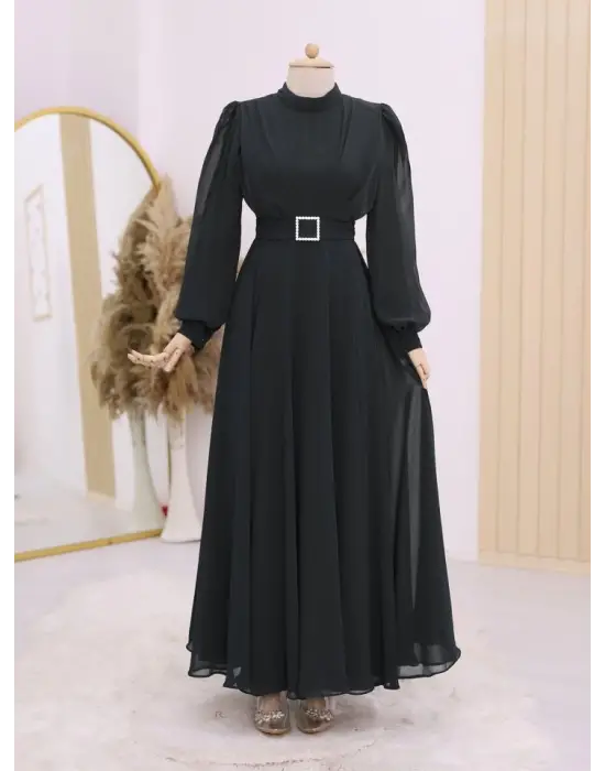 Omarı Elegan Taş Detaylı Pileli Siyah Elbise