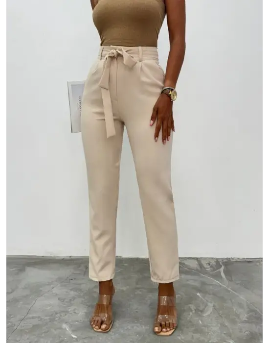 Kemerli Bilek Pantolon     -Bej