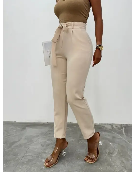 Kemerli Bilek Pantolon     -Bej