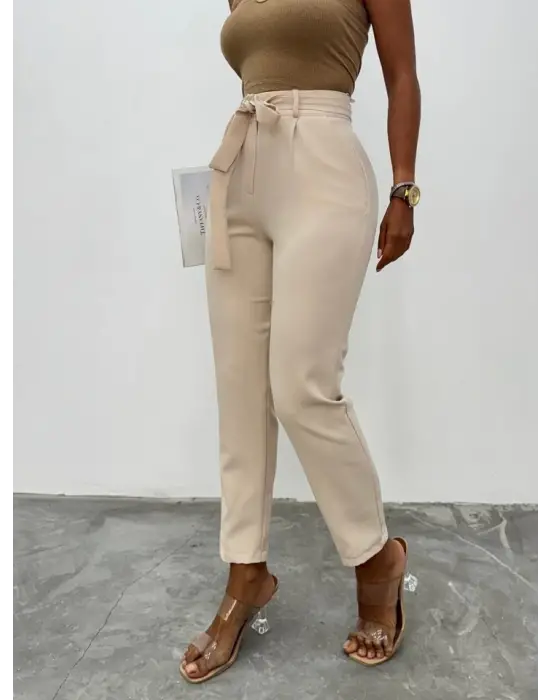 Omarı Yüksek Bel Şık Bilek Pantolon - Bej