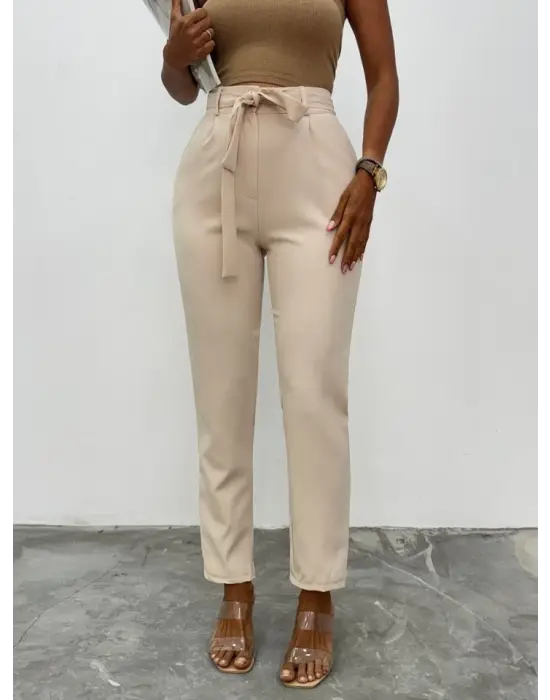 Omarı Yüksek Bel Şık Bilek Pantolon - Bej
