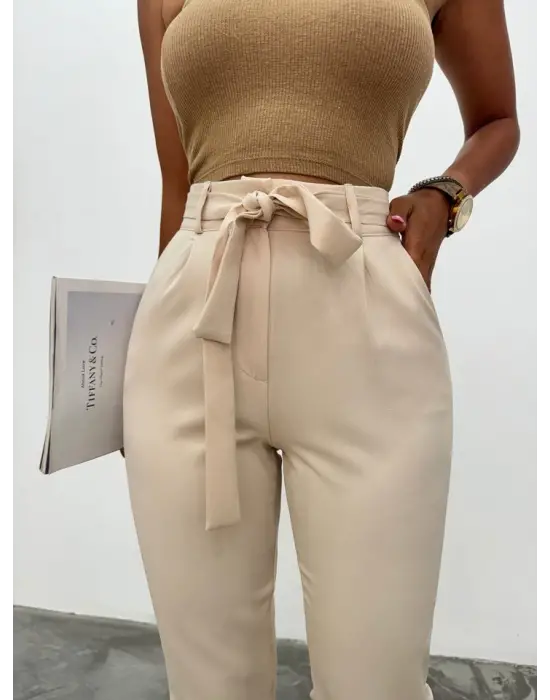 Kemerli Bilek Pantolon     -Bej