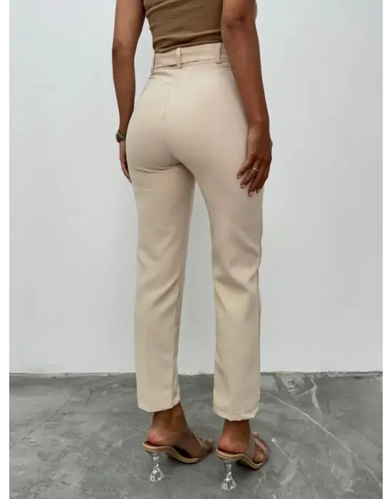 Omarı Yüksek Bel Şık Bilek Pantolon - Bej