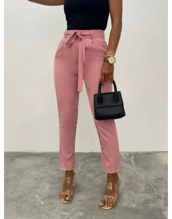 Kemerli Bilek Pantolon     -Pudra