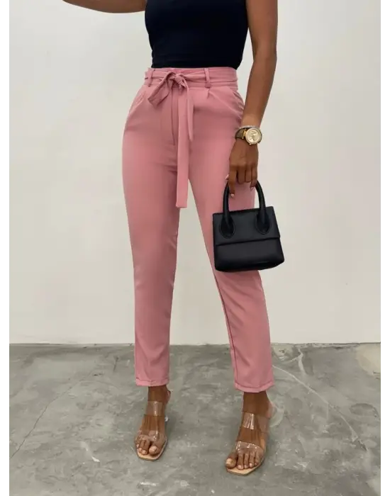 Omarı Pudra Renkli Kemerli Bilek Pantolon