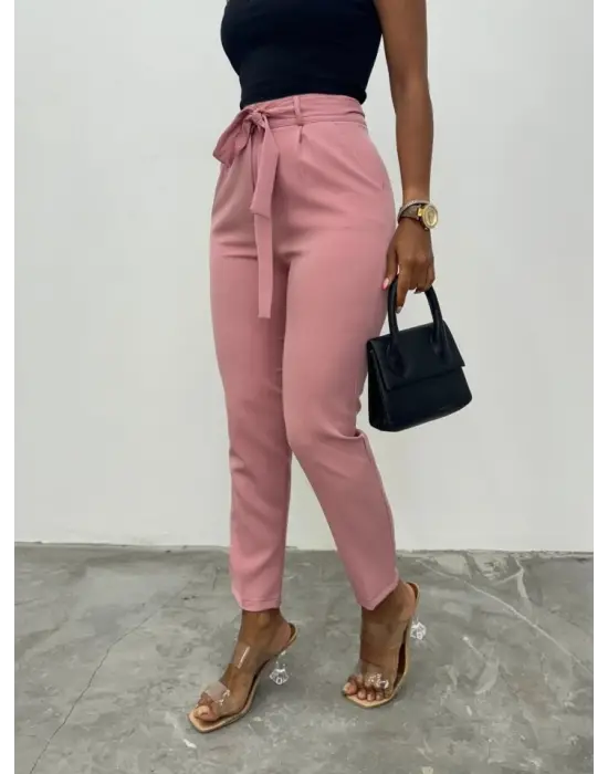 Kemerli Bilek Pantolon     -Pudra