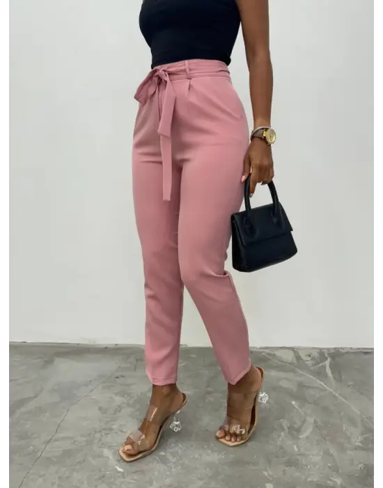 Omarı Pudra Renkli Kemerli Bilek Pantolon