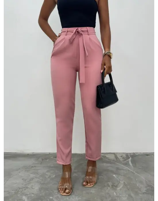 Kemerli Bilek Pantolon     -Pudra