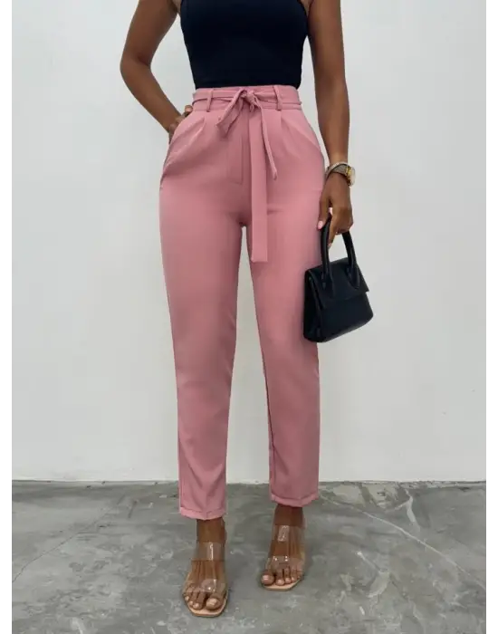 Omarı Pudra Renkli Kemerli Bilek Pantolon
