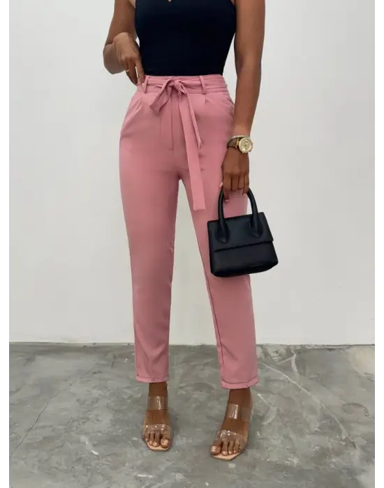 Omarı Pudra Renkli Kemerli Bilek Pantolon