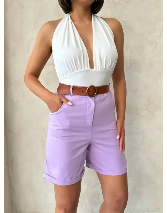 Kemerli gabardin şort lila s25735