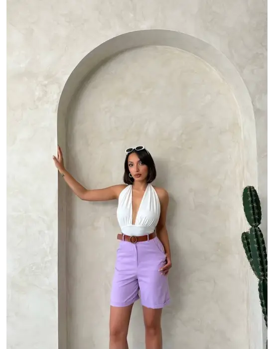 Kemerli gabardin şort lila s25735