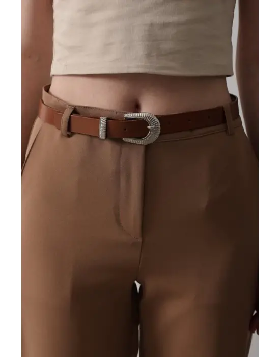 Omarı Kemerli Havuç Pantolon - Taba Renkli Kadın Şık Pantolon