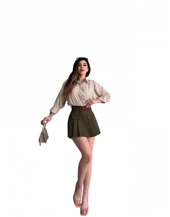 Kemerli Kapak Detaylı  Etek - HAKİ