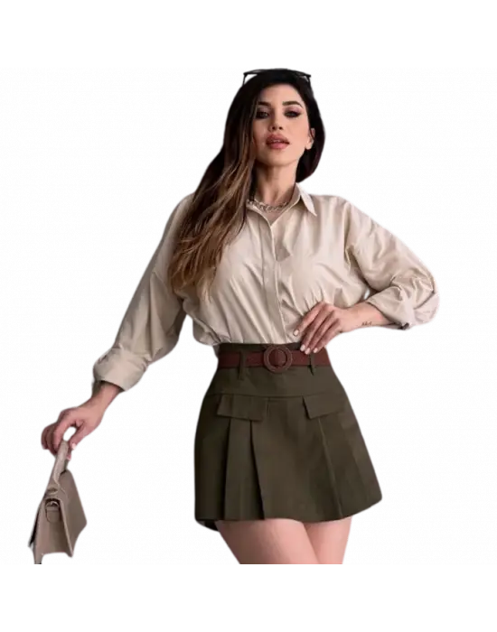 Kemerli Kapak Detaylı  Etek - HAKİ