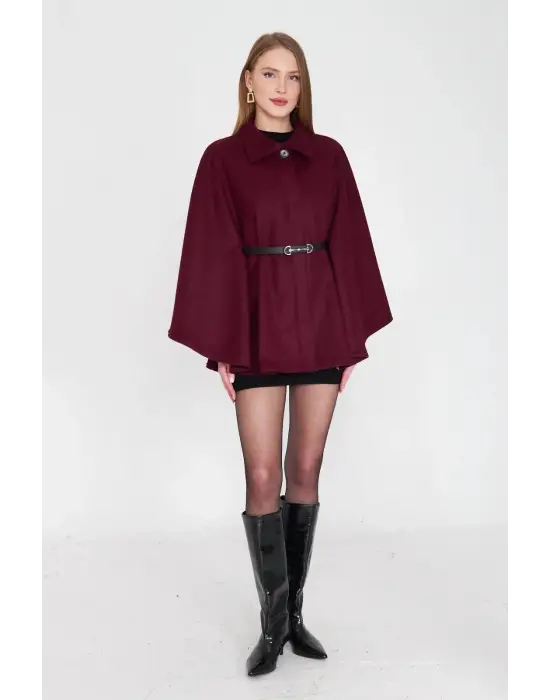 Kemerli kaşe panço bordo pt