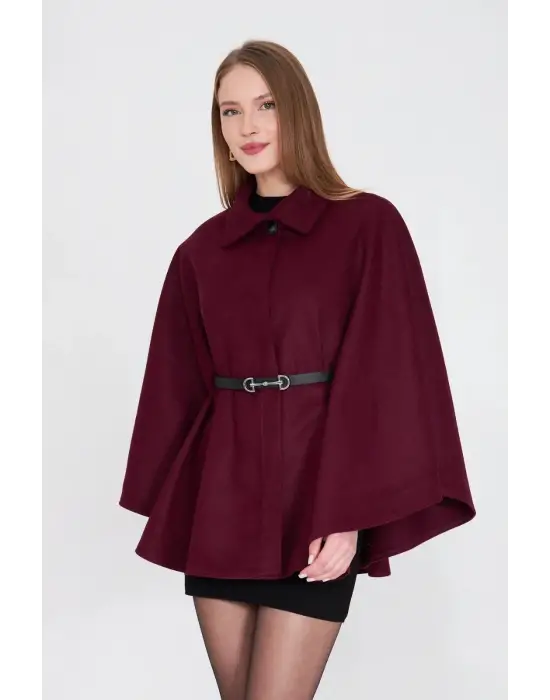 Kemerli kaşe panço bordo pt