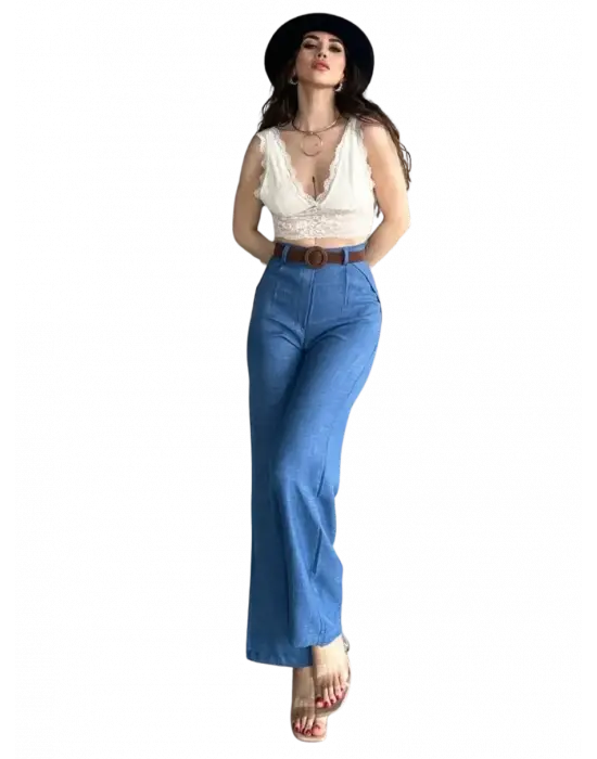 Kemerli Keten Pantolon -MAVİ