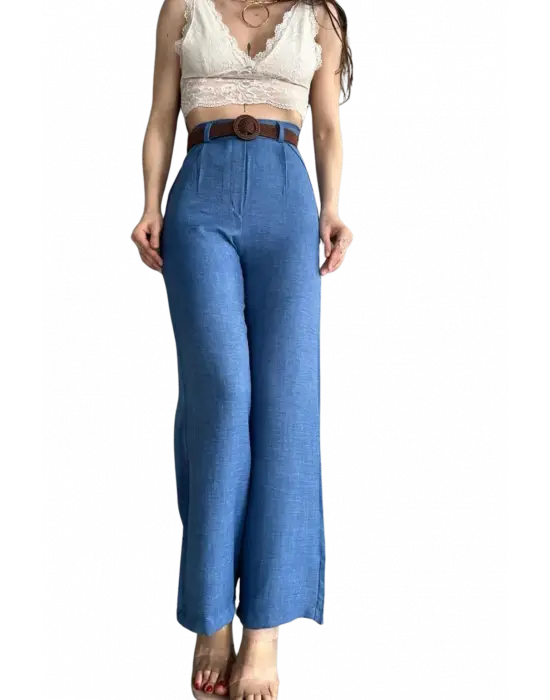 Kemerli Keten Pantolon -MAVİ