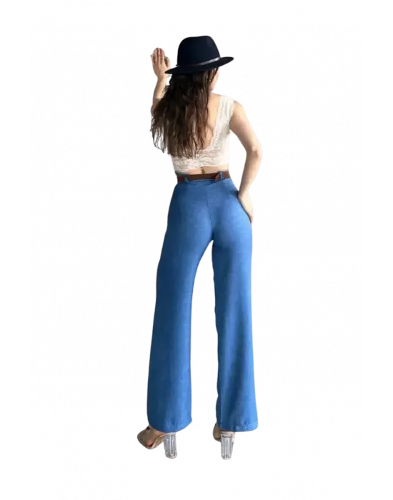 Kemerli Keten Pantolon -MAVİ