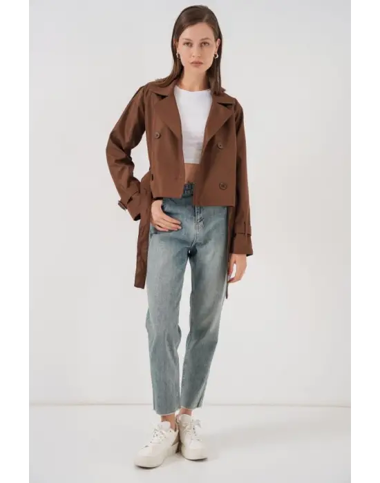 Kemerli Kısa Trençkot 5970 - Kahverengi