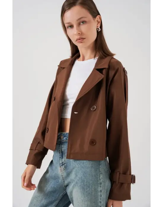 Modern Kısa Trençkot Kahverengi