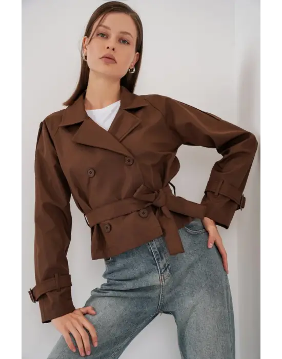 Modern Kısa Trençkot Kahverengi