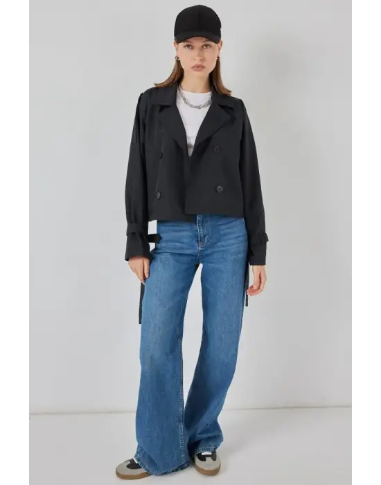 Kemerli Kısa Trençkot 5970 - Siyah