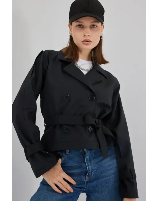 Kemerli Kısa Trençkot 5970 - Siyah