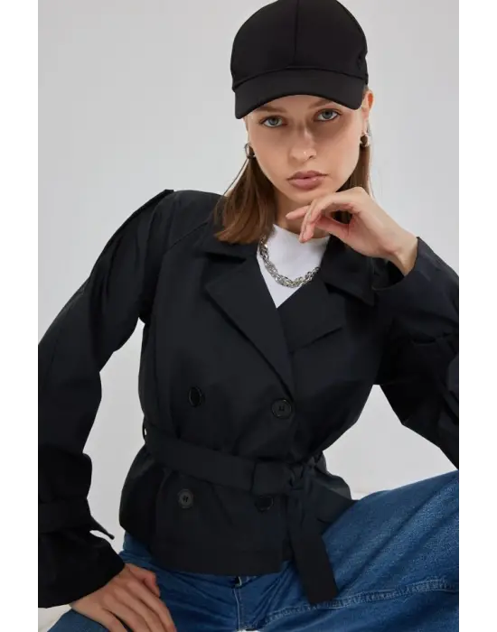 Kemerli Kısa Trençkot 5970 - Siyah