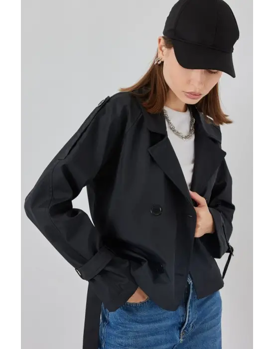 Modern Kısa Trençkot - Siyah