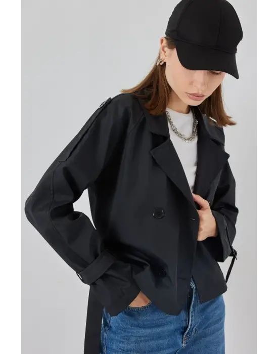 Kemerli Kısa Trençkot 5970 - Siyah