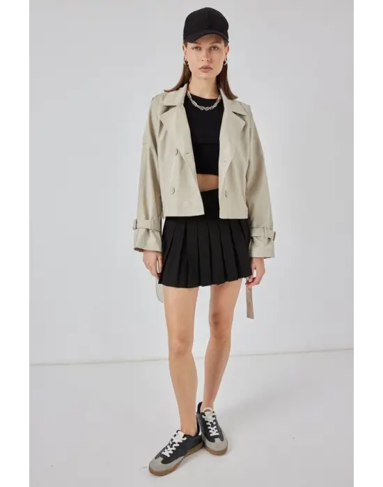 Kemerli Kısa Trençkot 5970 - Taş