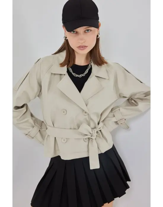 Kemerli Kısa Trençkot 5970 - Taş