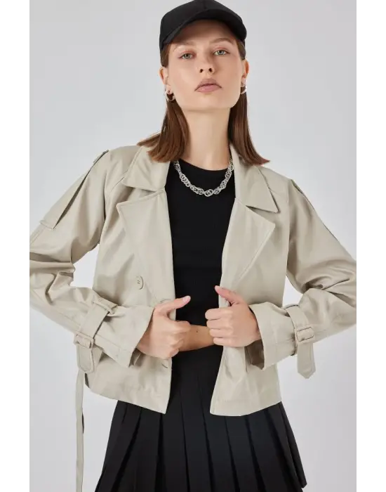 Kemerli Kısa Trençkot 5970 - Taş