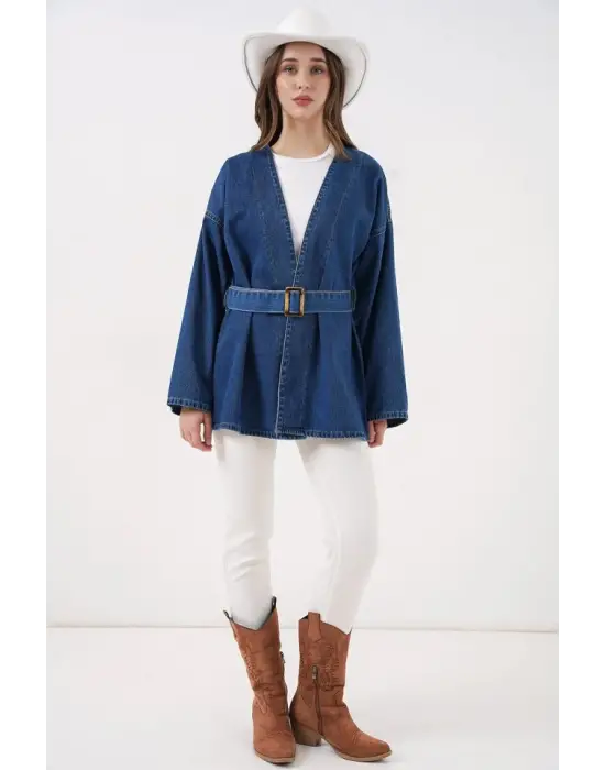 Kemerli Kot Ceket Tunik 5985 - Mavi