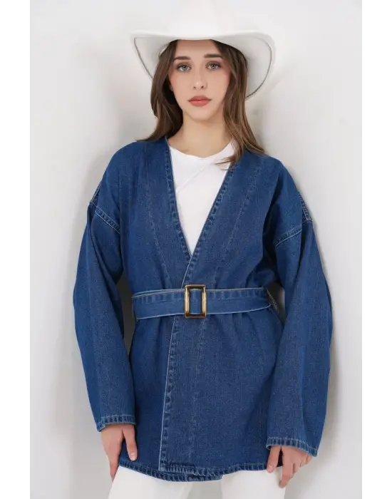 Kemerli Kot Ceket Tunik 5985 - Mavi