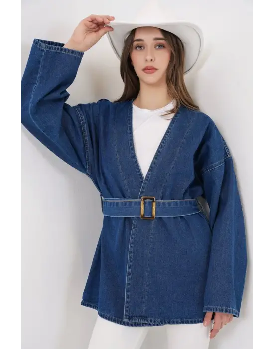 Kemerli Kot Ceket Tunik 5985 - Mavi