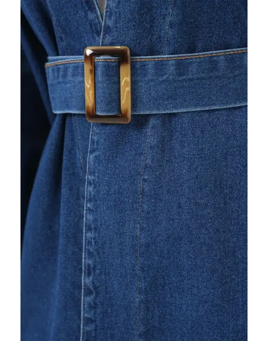 Kemerli Kot Ceket Tunik 5985 - Mavi