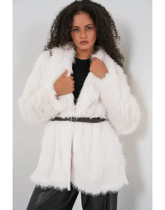 Kemerli Oversize Kürklü Kaban 9156 - Beyaz